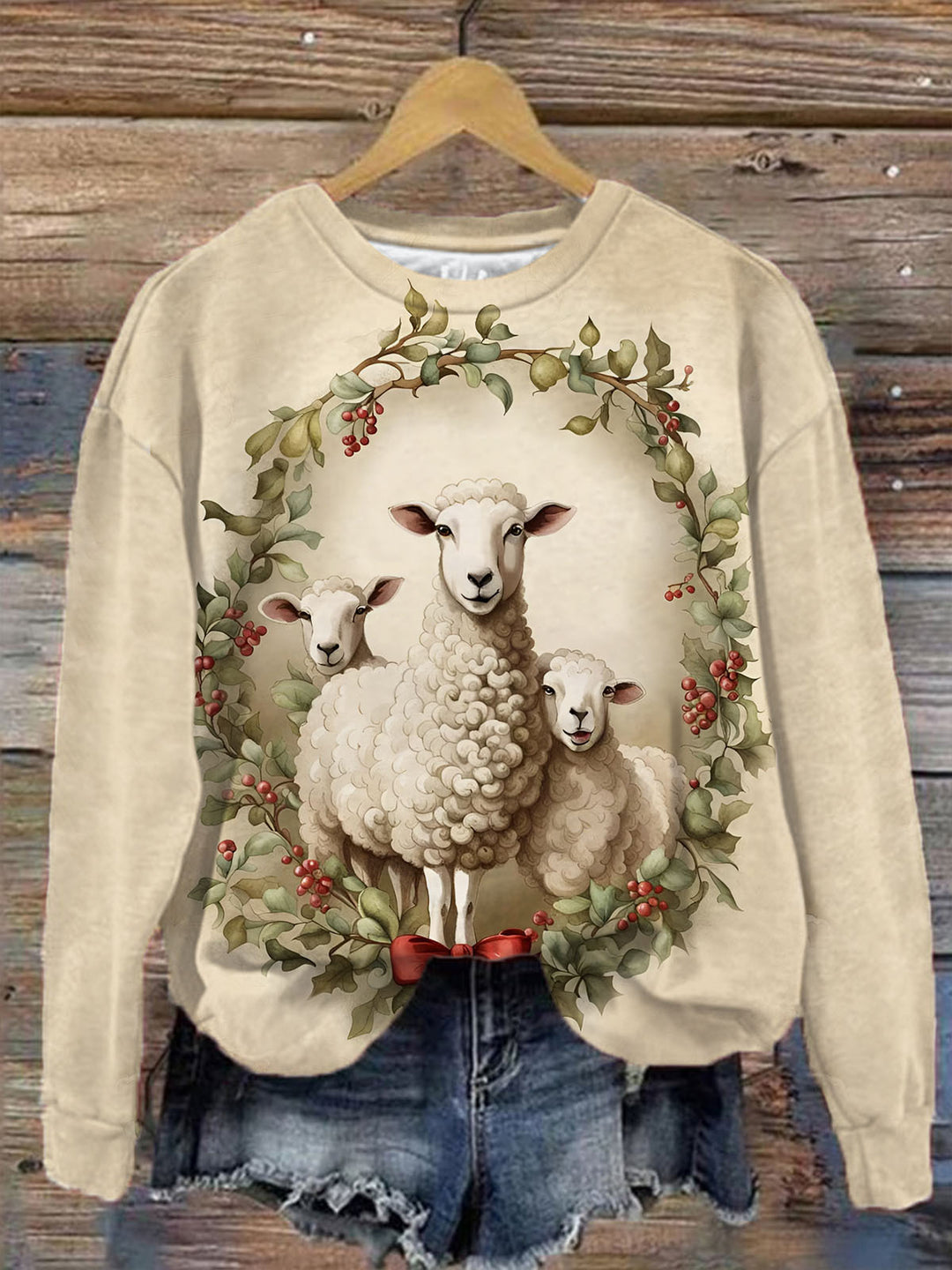 Women's Christmas Lamb Print Long Sleeve Top