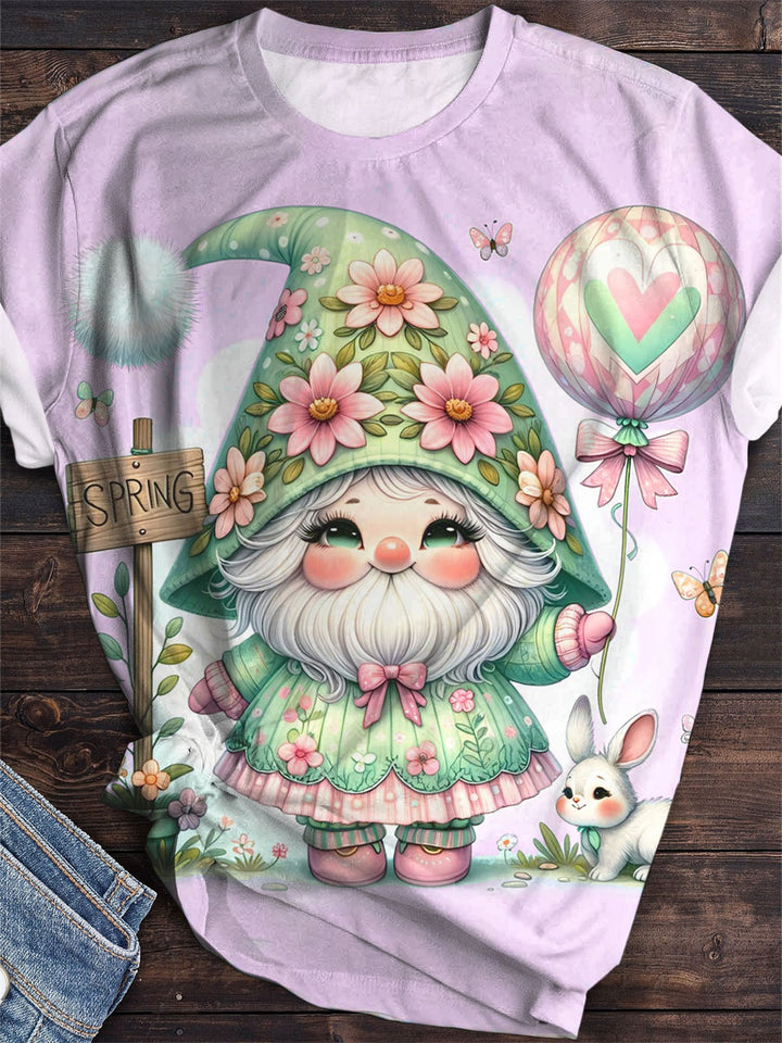 Spring Gnome Print Short Sleeve Crew Neck T-Shirt
