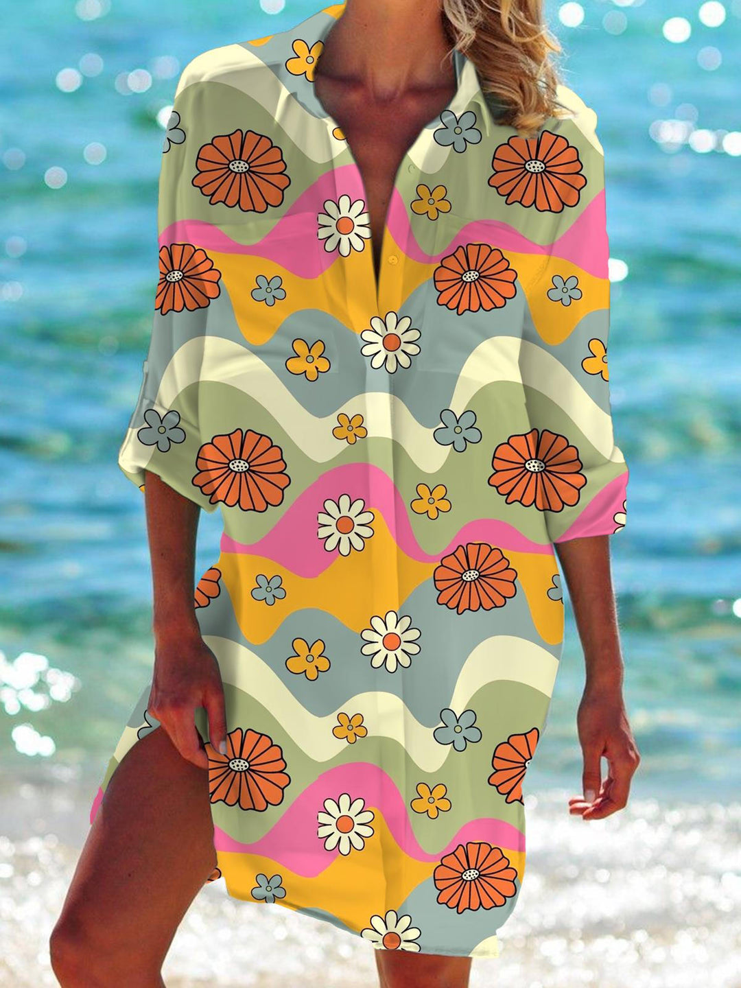 Flower Print Long Sleeve Beach Shirt Dress