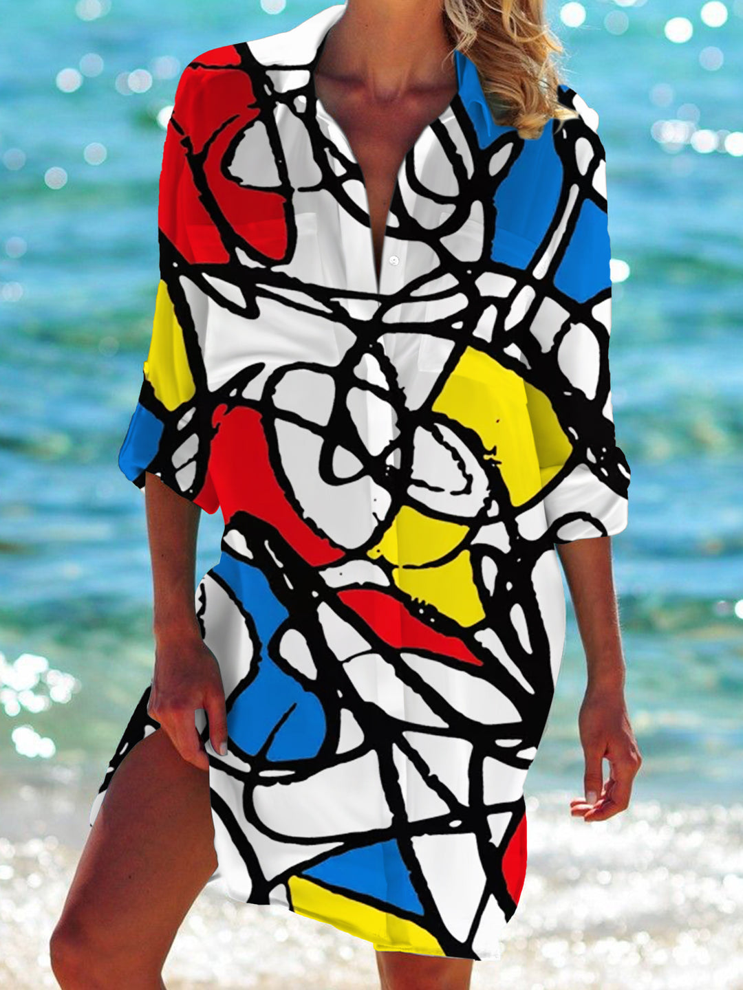 Abstract Line Color Block Long Sleeve Beach Shirt Dress