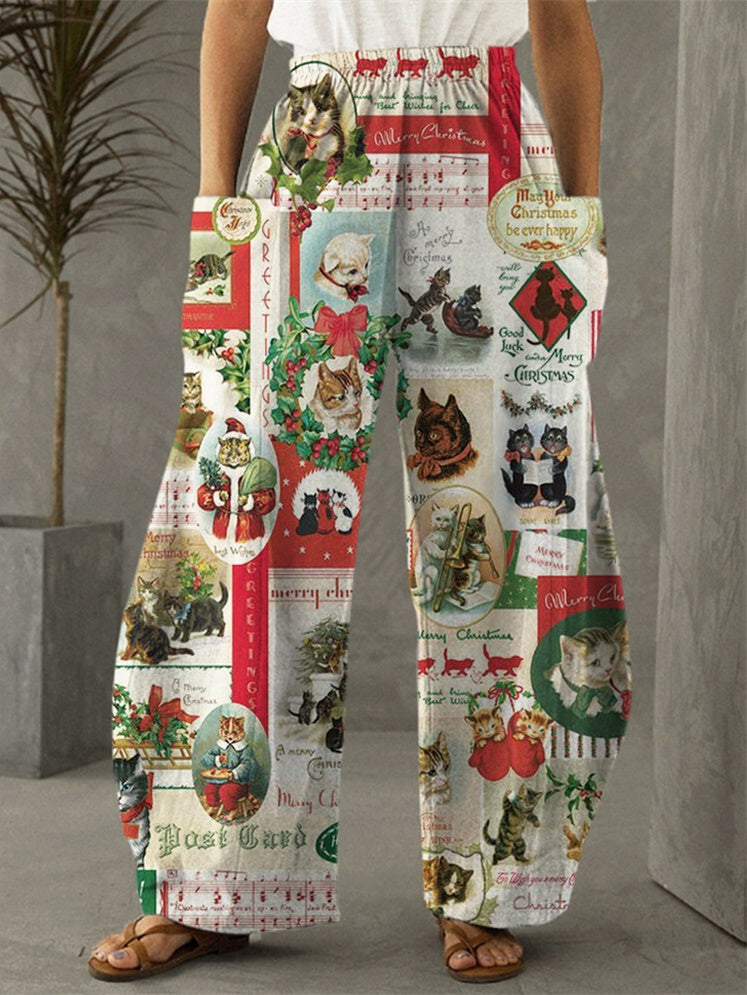 Christmas Retro Cat Print Casual Pants