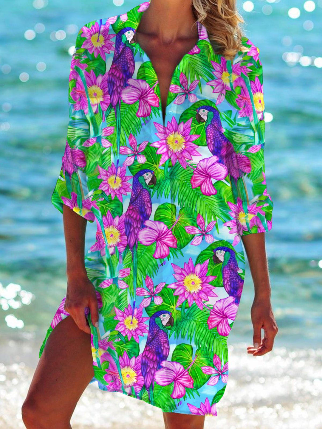 Summer Parrot Flower Print Long Sleeve Beach Shirt Dress