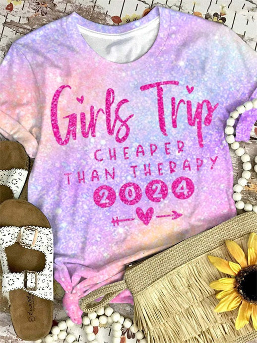 Girls Trip 2024 Glitter Print Crew Neck T-Shirt
