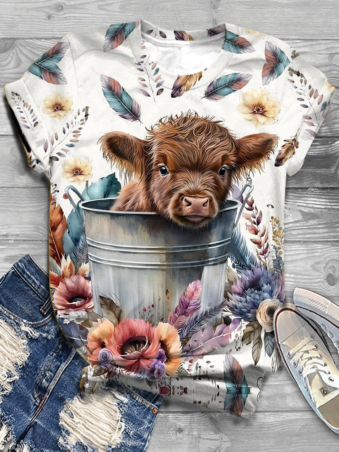 Women's Round Neck Floral Cow Print Top