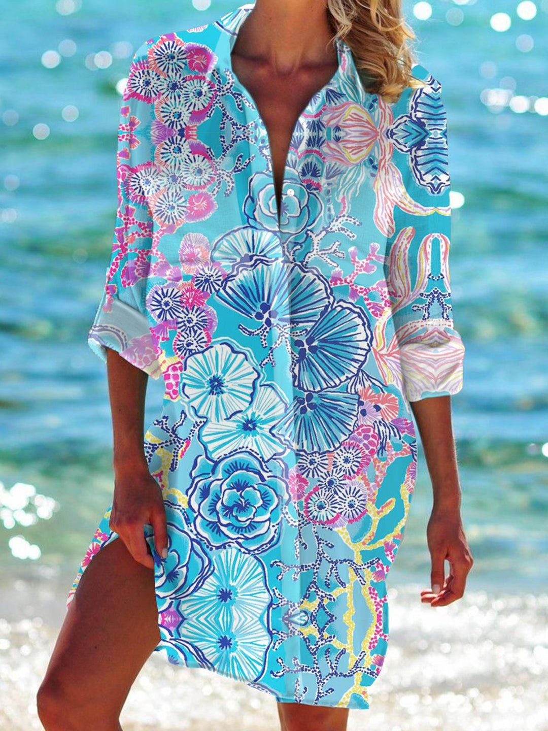 Under The Sea Floral Print Long Sleeve Beach Shirt Dress