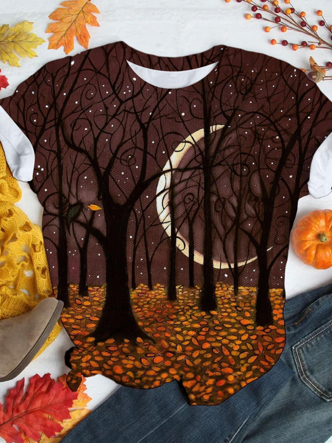 Autumn Moon Forest Print Casual T-shirt
