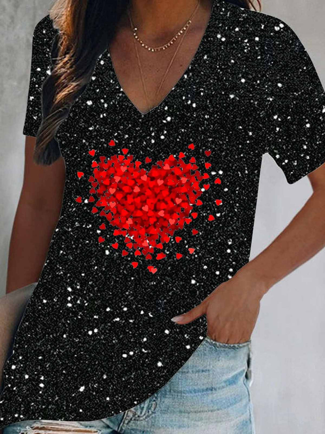 Valentine's Day Glitter Splatter Heart V-Neck Short Sleeve T-Shirt
