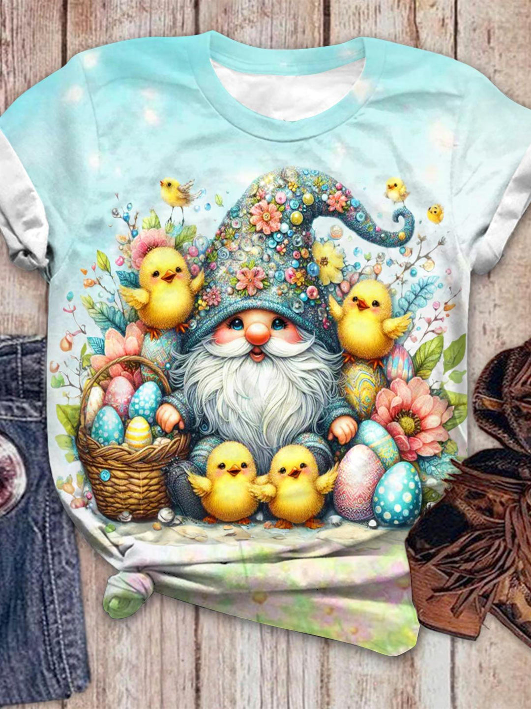 Easter Chicken Gnome Crew Neck T-shirt