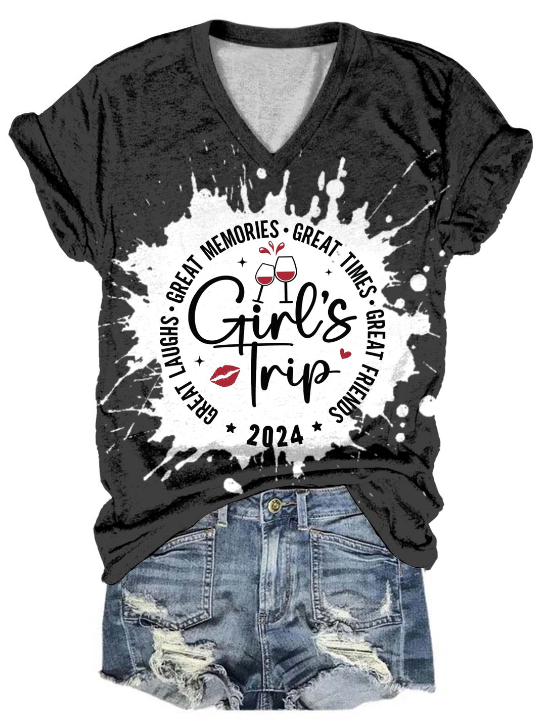 Girl's Trip 2024 Great Memories V-Neck Tie Dye T-Shirt