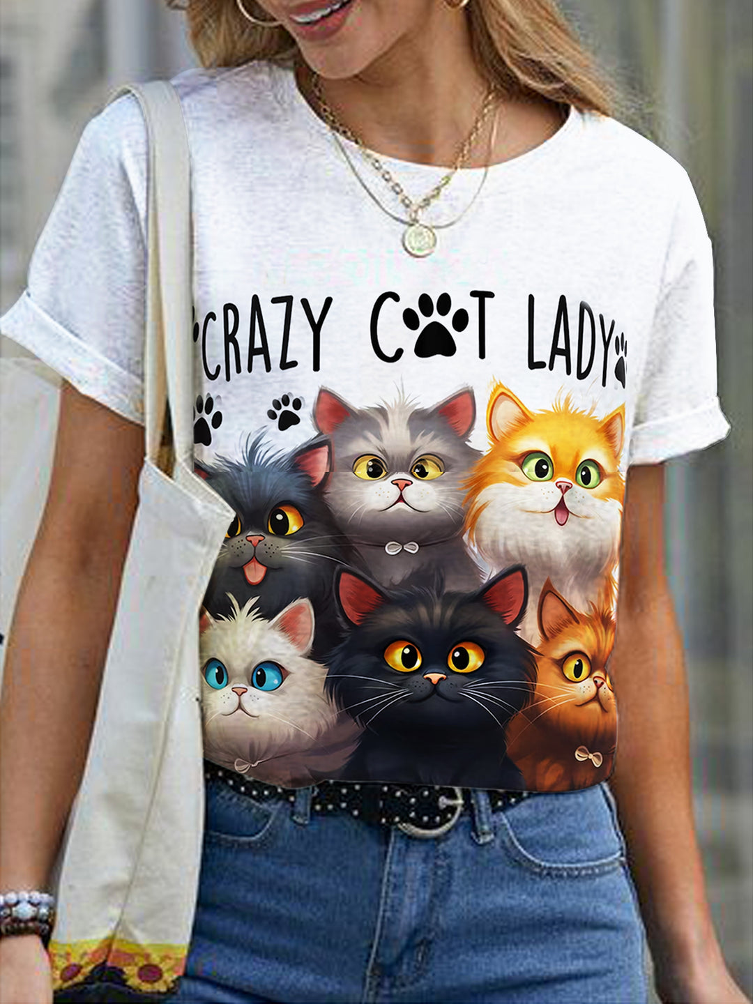 Crazy Cat Lady Print Crew Neck Top