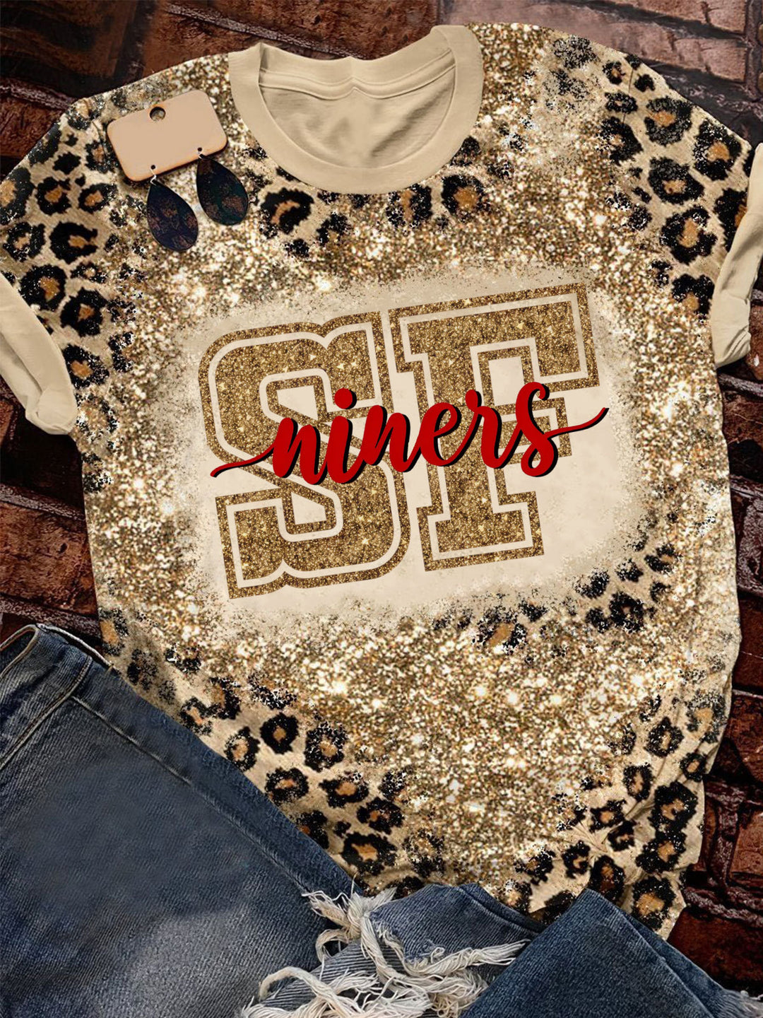 Niners Fan Leopard Glitter Print Crew Neck T-shirt