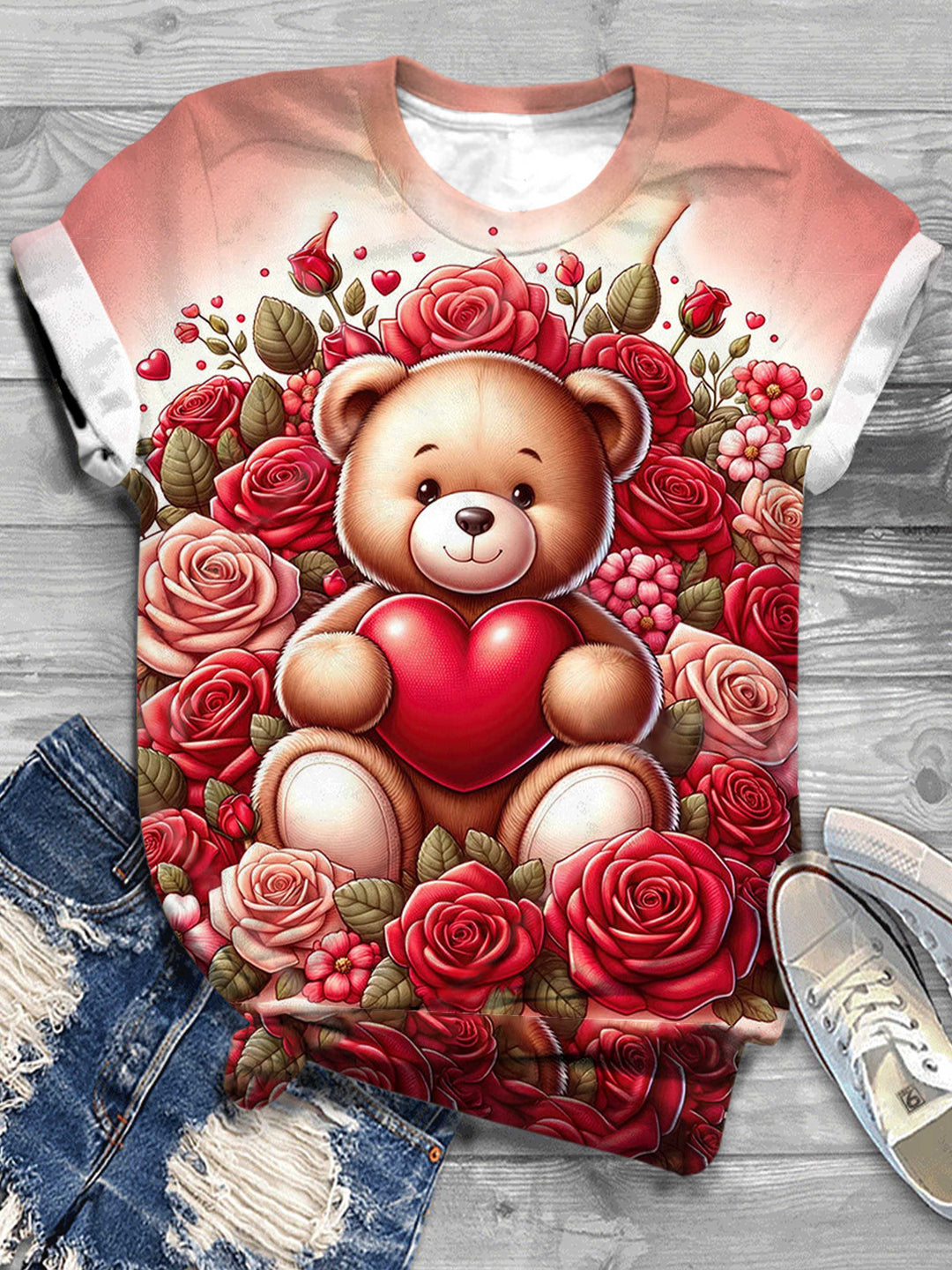 Love Teddy Bear Valentine Print Crew Neck T-Shirt
