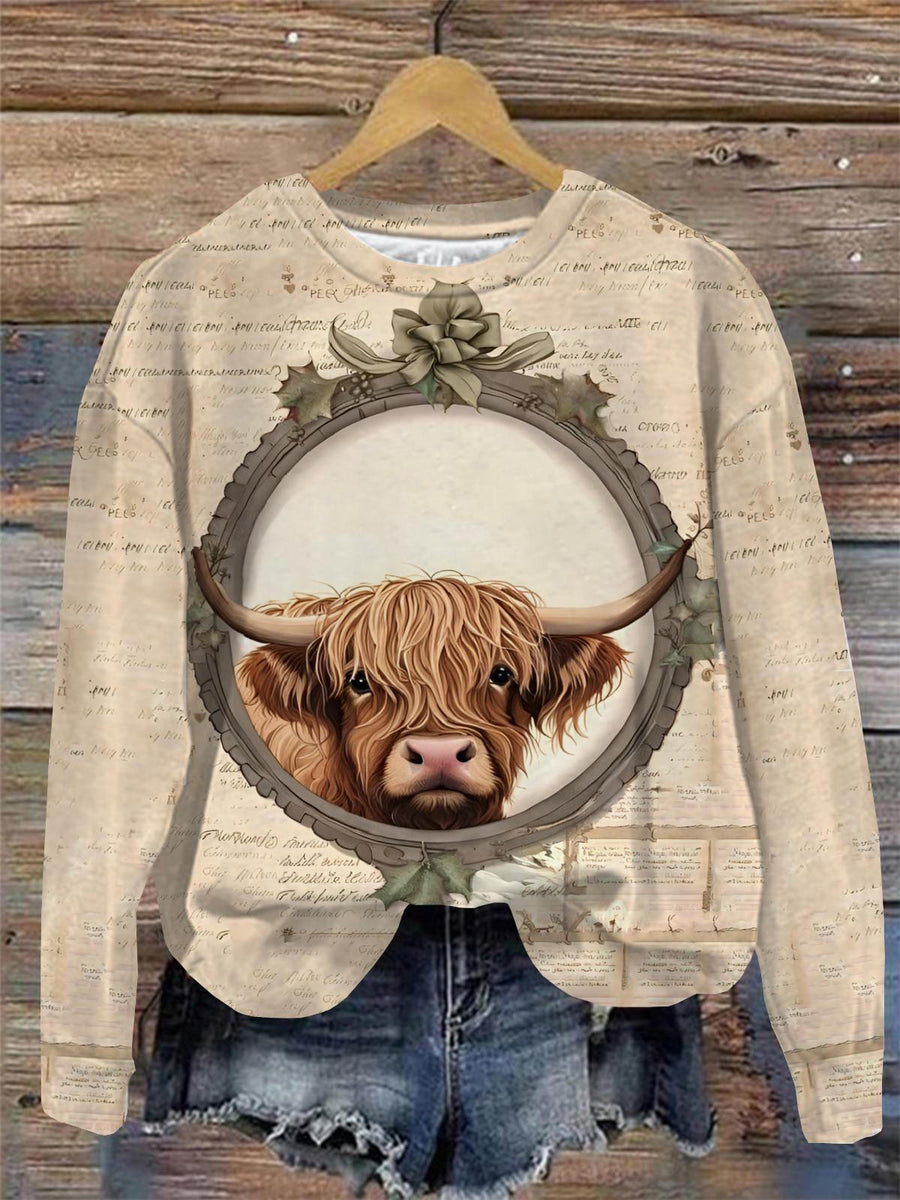 Femmes Rétro Mignon Highland Vache Denim Patchwork Art Imprimer Sweatshirt