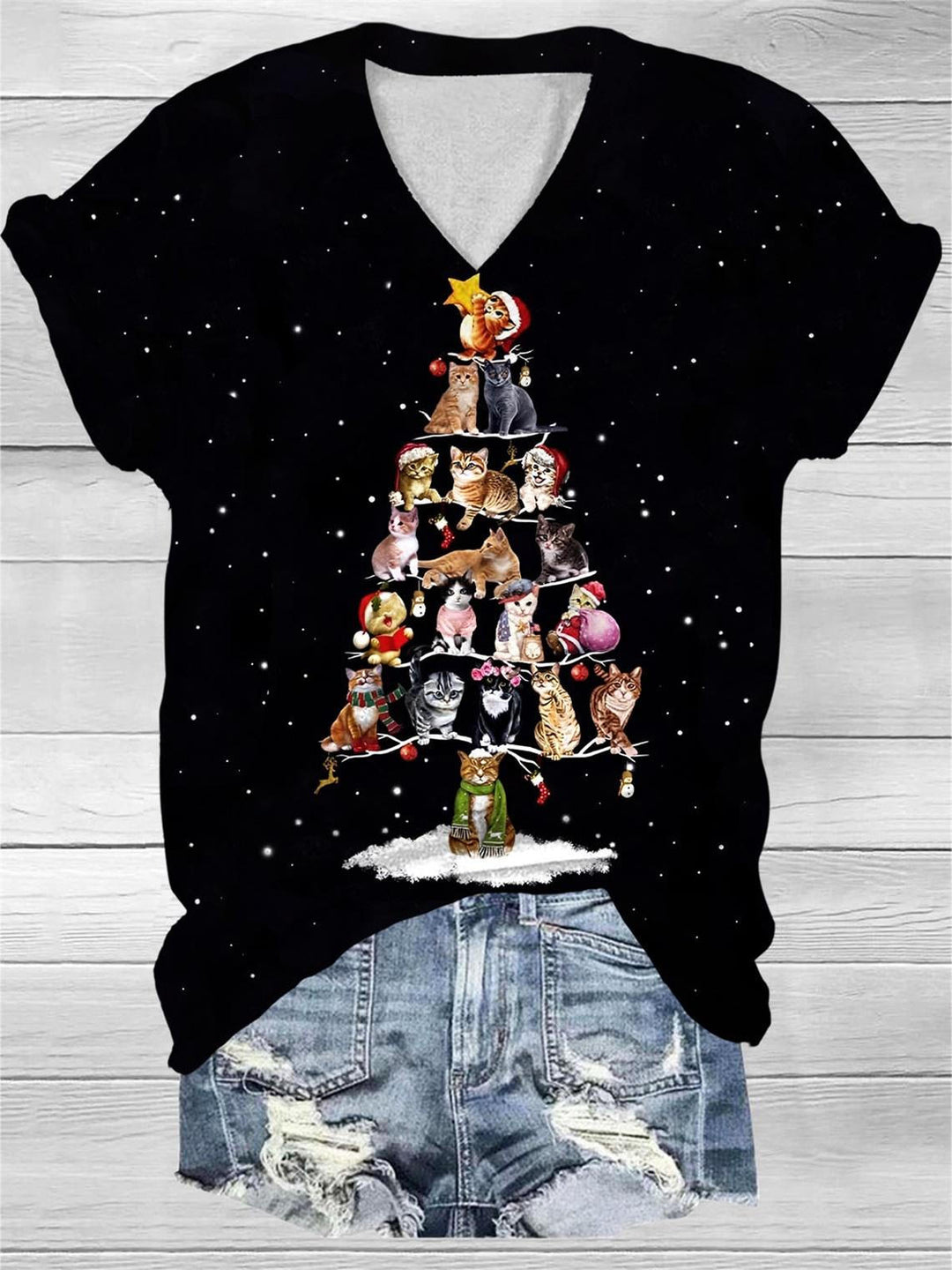 Cat Christmas Tree Print V-Neck T-Shirt