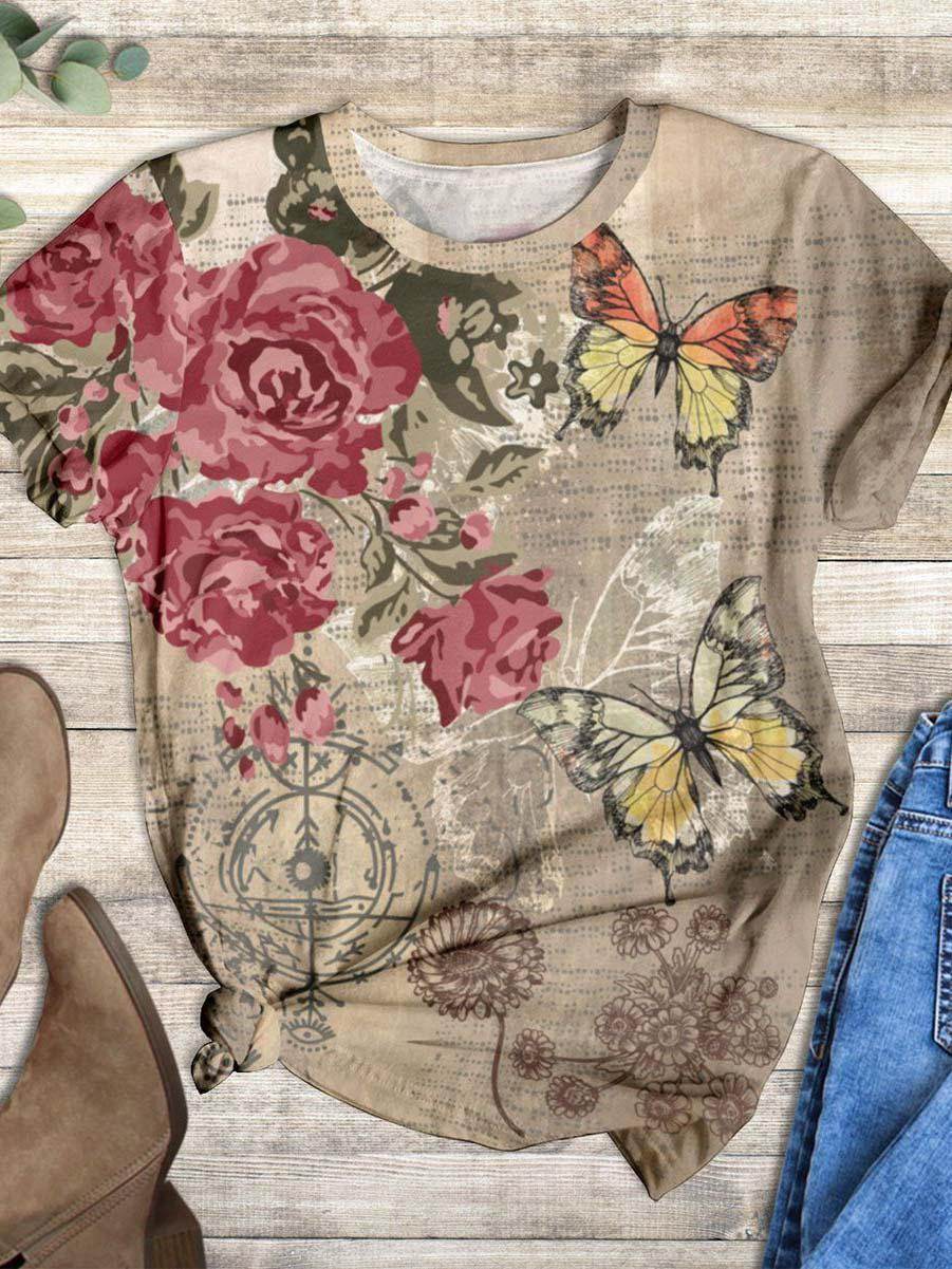 Brown Red Floral Butterfly Crew Neck Tee