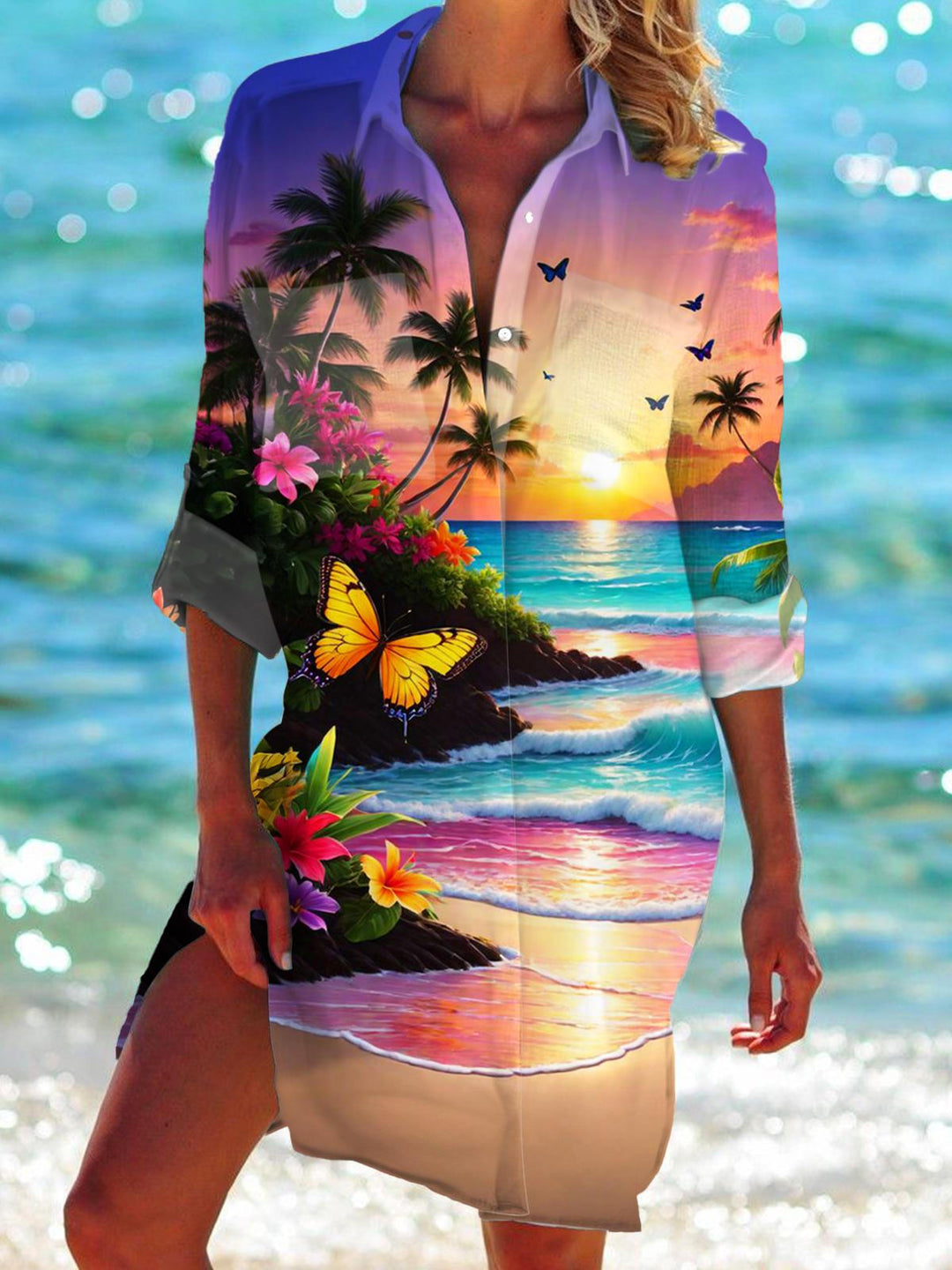 Butterfly Sea Print Long Sleeve Beach Shirt Dress