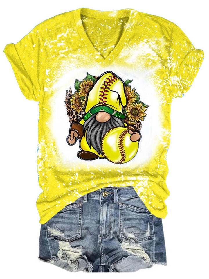 Gnome Softball Sunflower Tie Dye V Neck T-Shirt