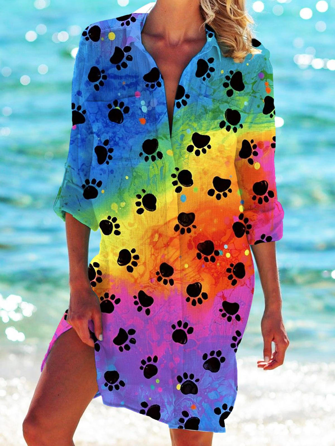 Tie Dye Dog Paw Print Beach Shirt Dress