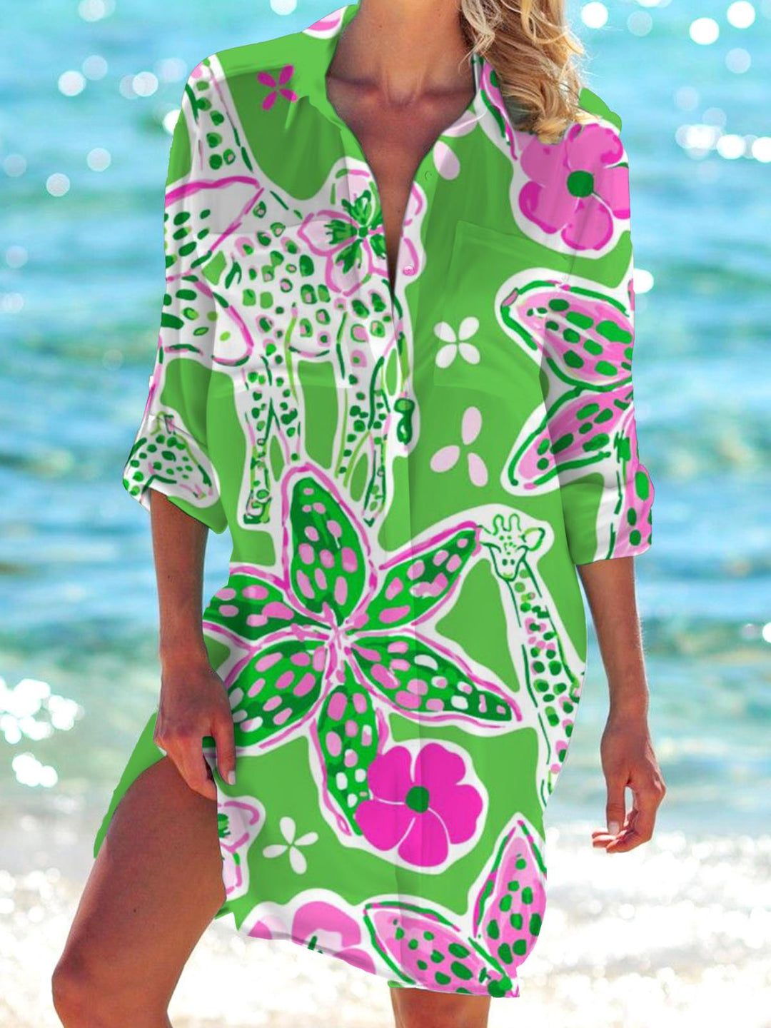 Women's Tropical Floral Long Sleeve Beach Shirt Dress