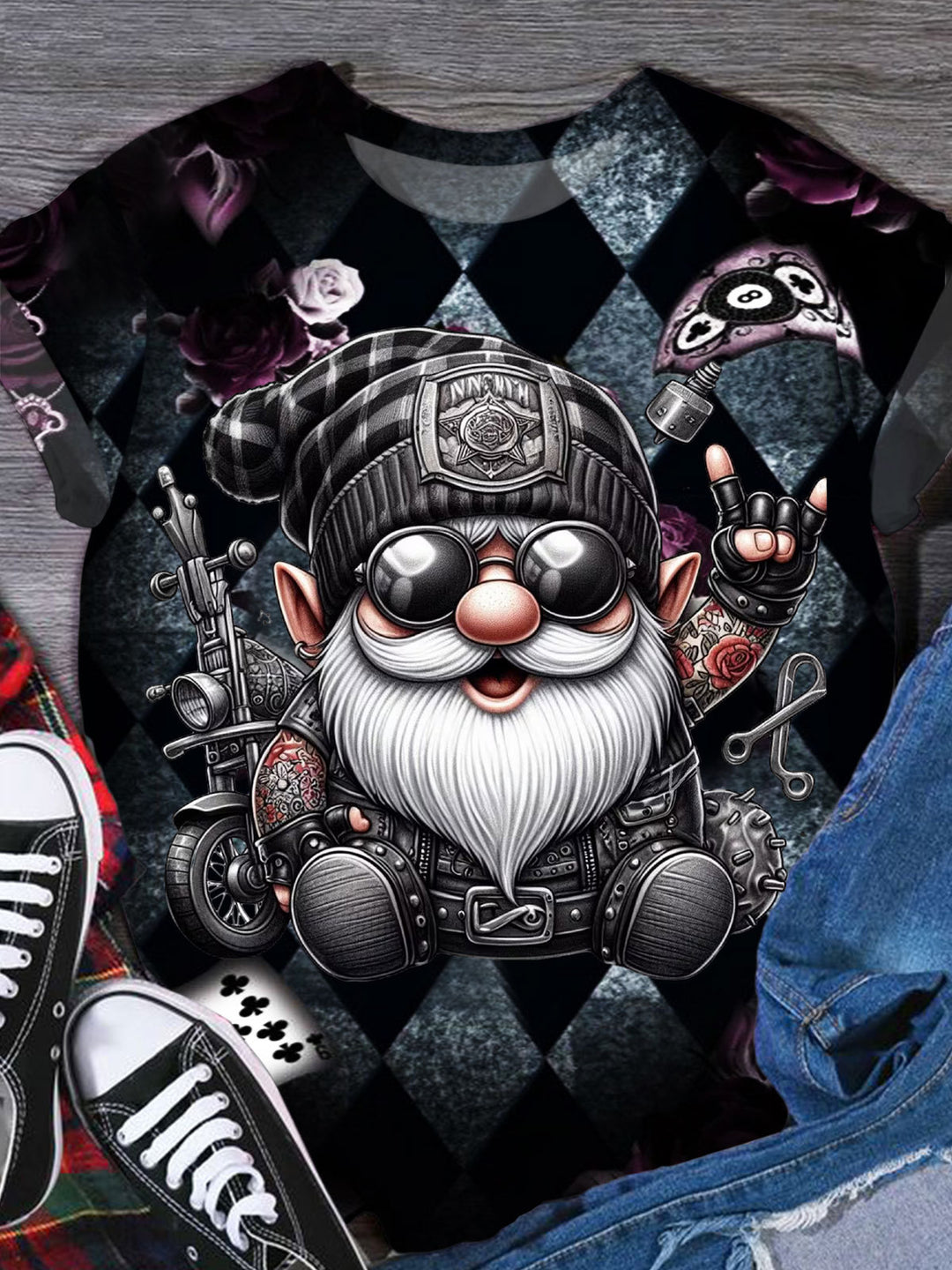 Dark Gnome Print Crew Neck Top