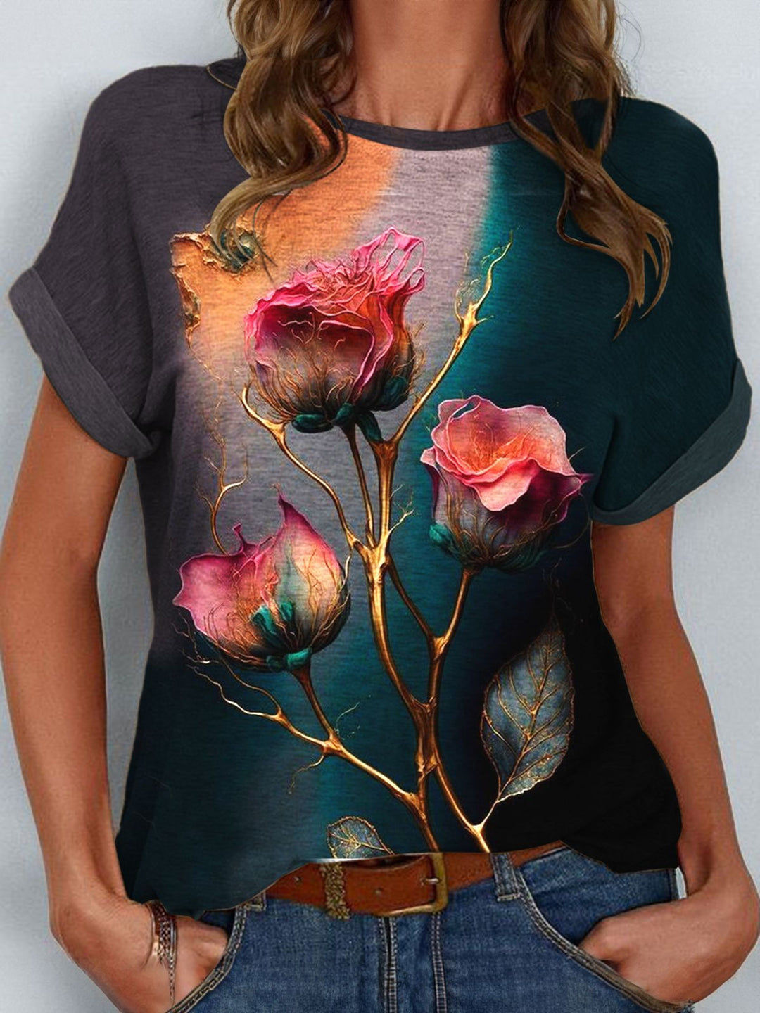 Rose Floral Print Crew Neck Top