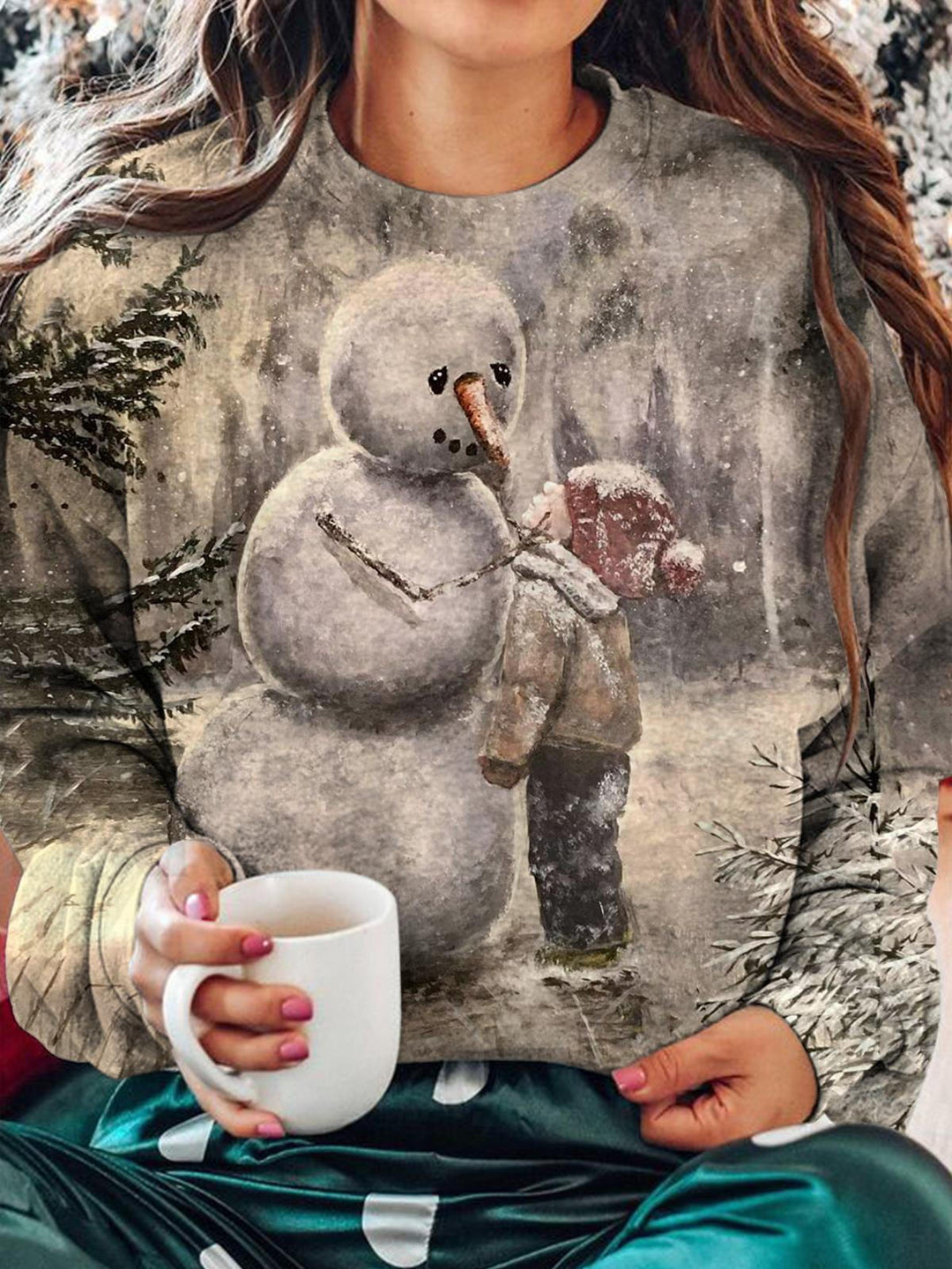 Vitange Snowman And Child Print Long Sleeve Casual Top