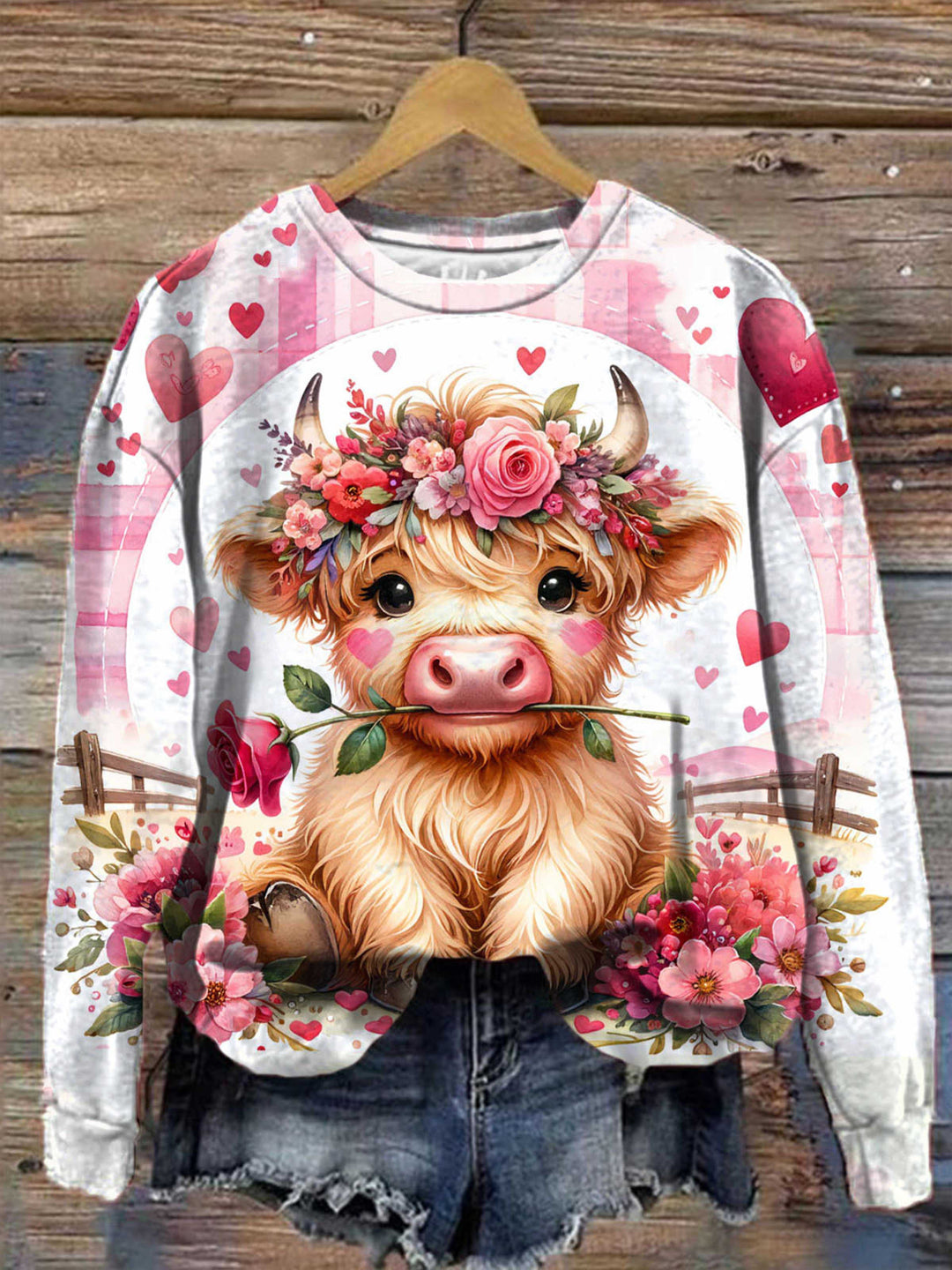 Country Valentine Highland Cow Print Round Neck Long Sleeve Top