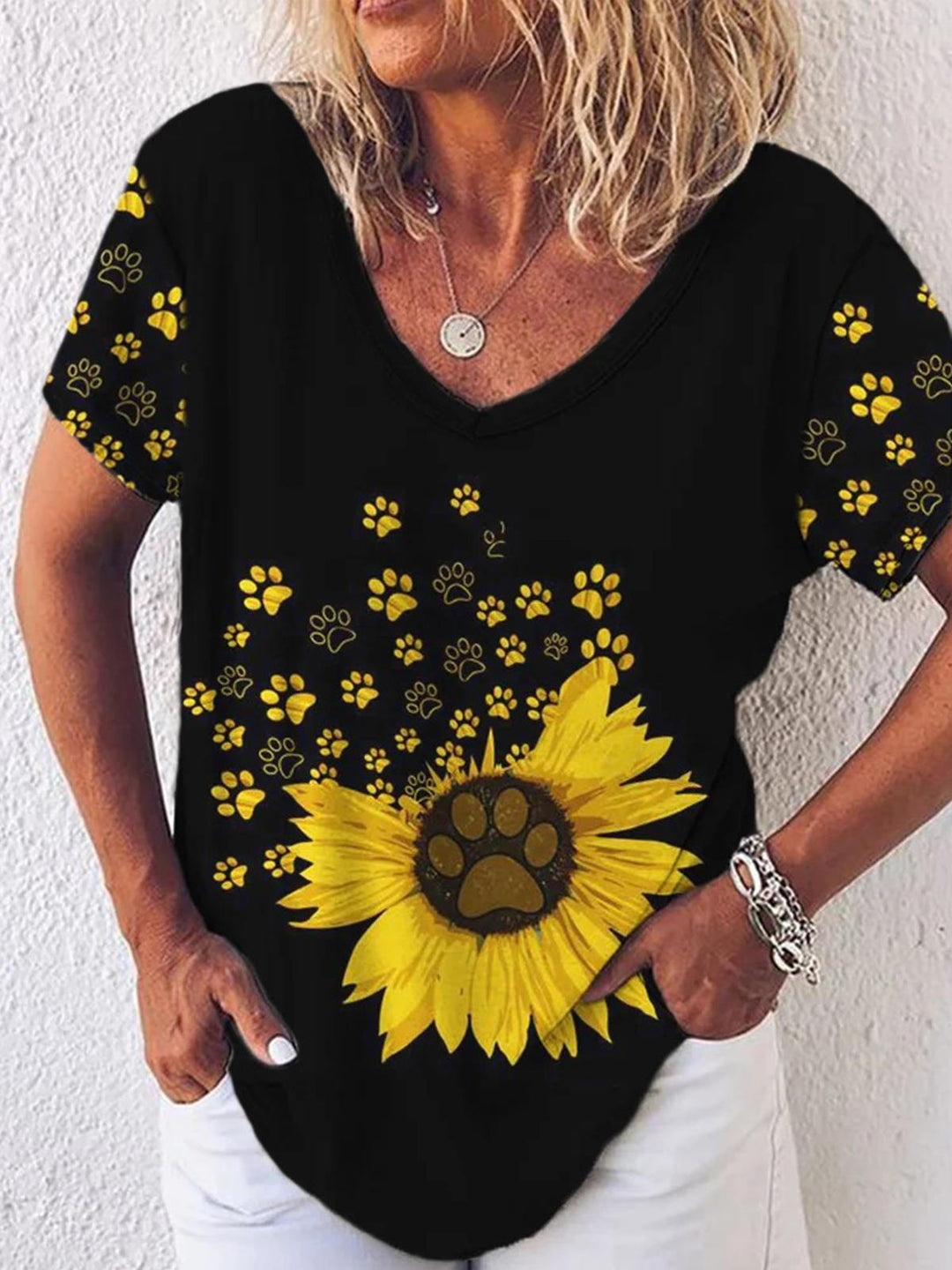 Sunflower Dog Paw Print V Neck T-shirt