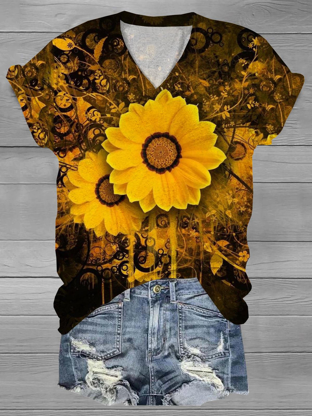 Sunflower Print V Neck T-Shirt