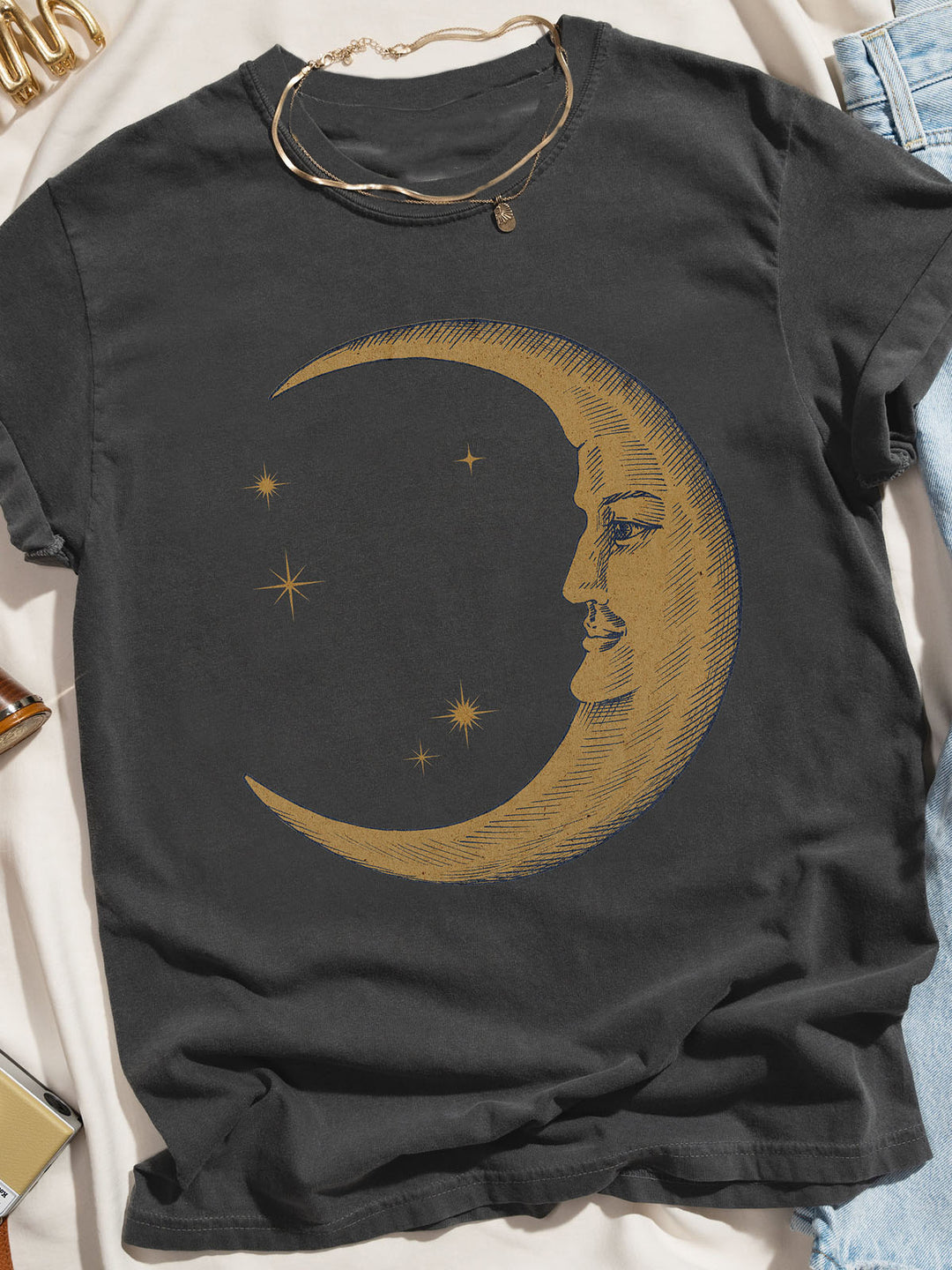 Boho Moon Print Short Sleeve Crew Neck T-Shirt