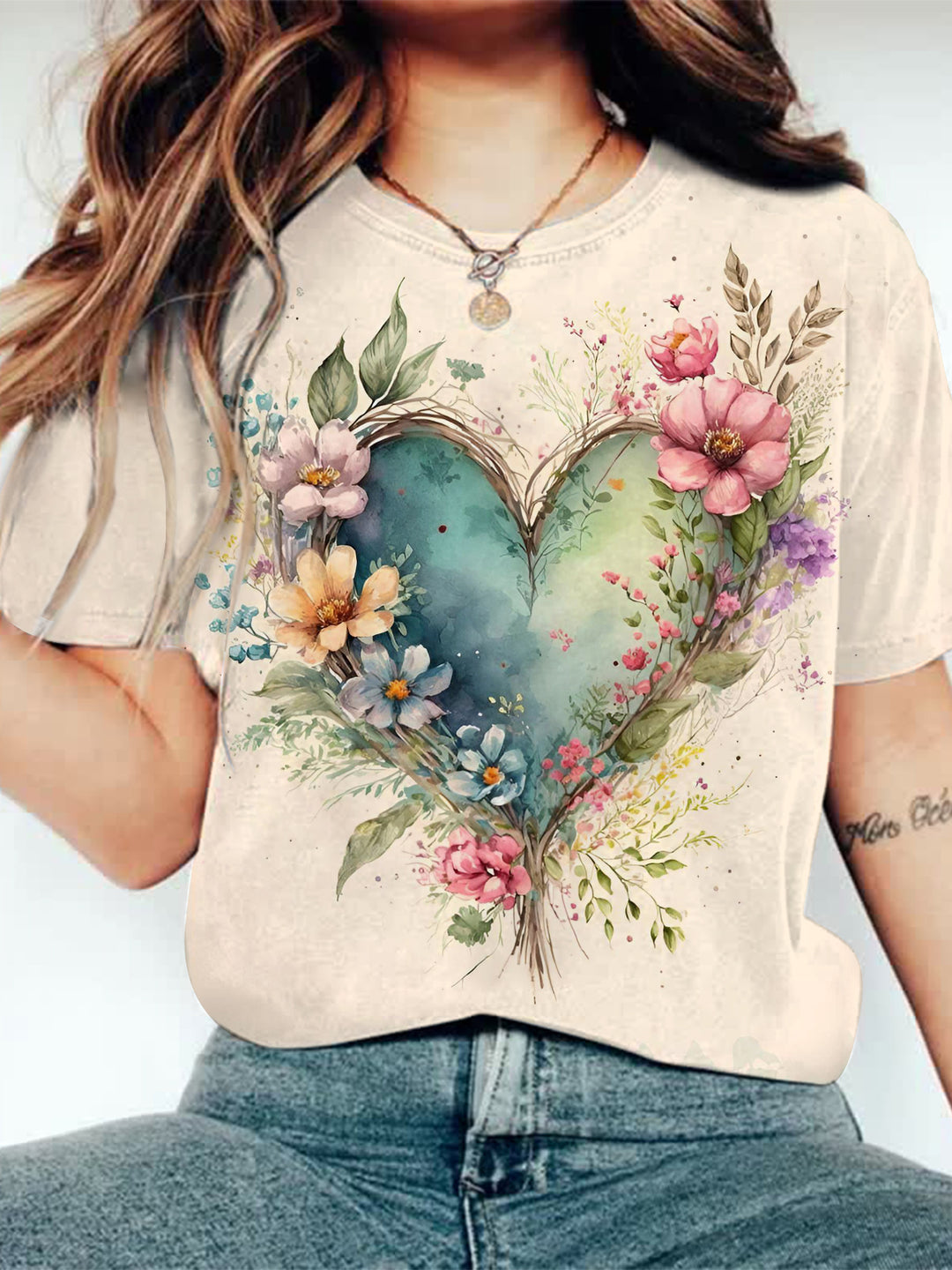 Women's Heart Roses Flowers Print Crew Neck T-shirt