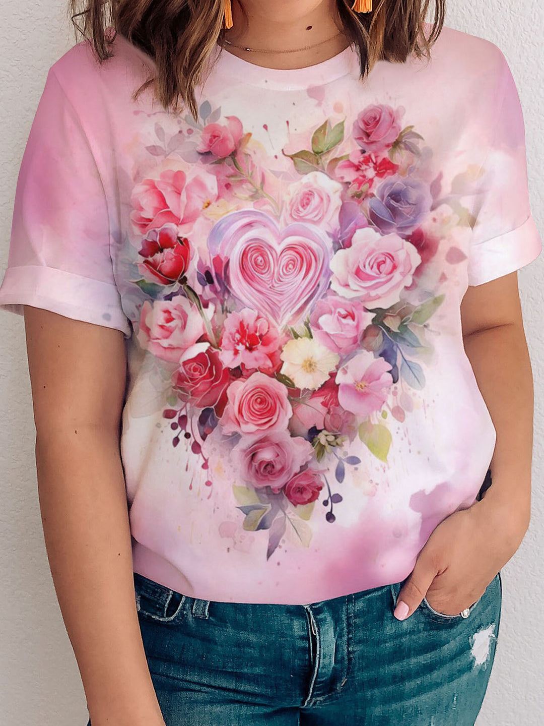 Valentine's Day Heart Floral Print Crew Neck T-shirt