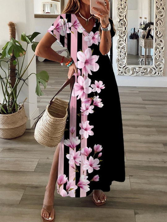 Floral Striped Print Short Sleeve V Neck Maxi Dress