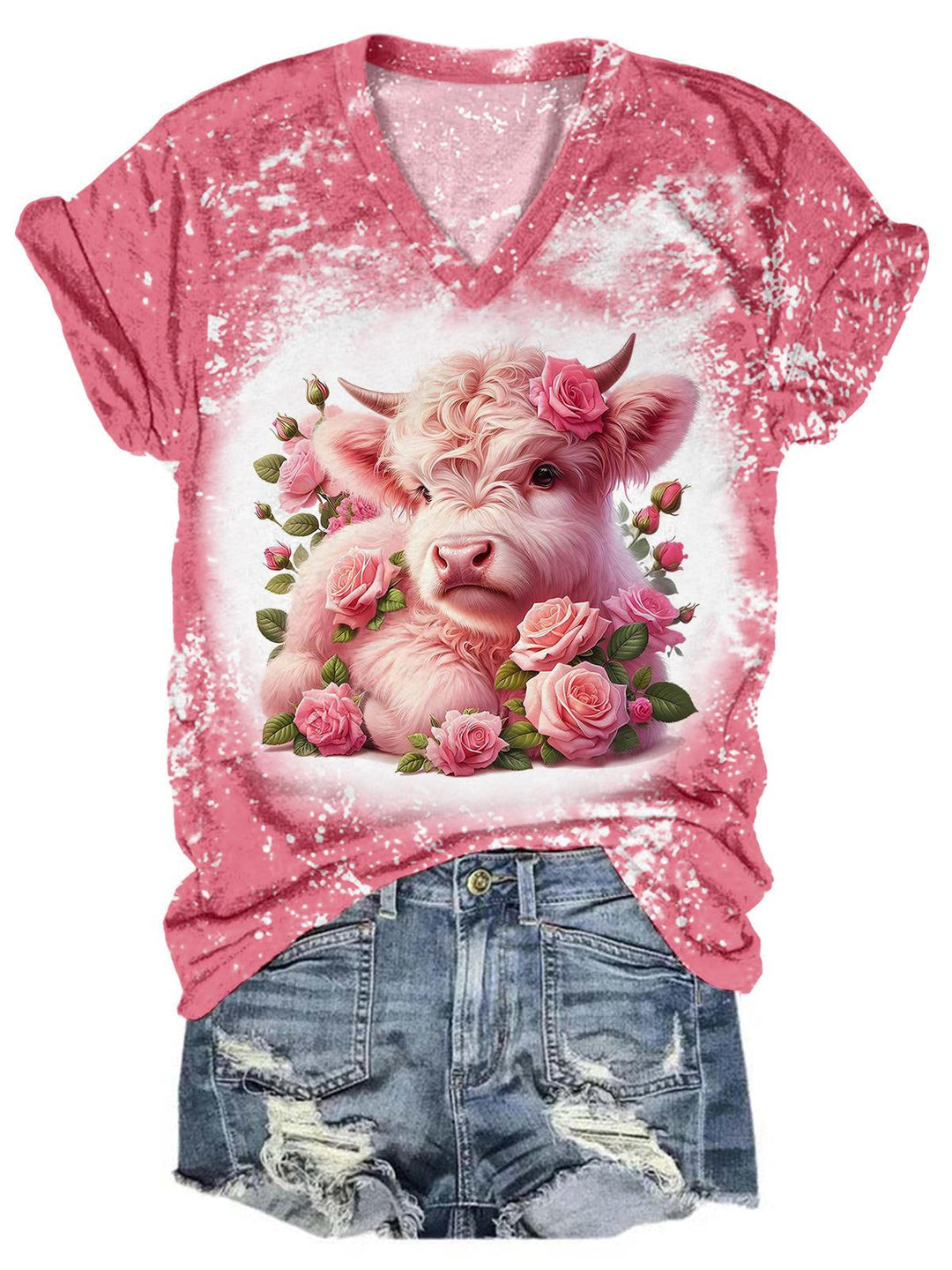 Floral Pink Baby Highland Cow V-Neck Tie Dye T-Shirt
