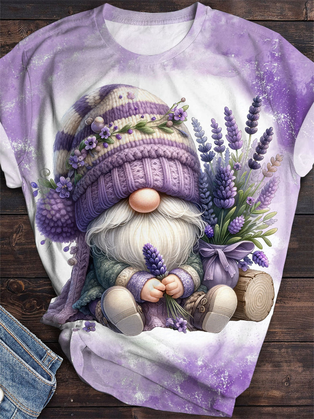 Lavender Gnome Print Crew Neck T-Shirt