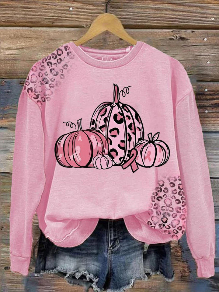 Women's Pink October Halloween Pumpkin Round Neck Top