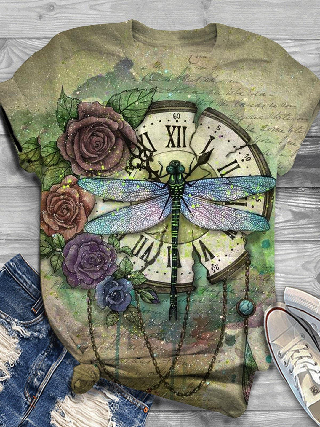 Dragonfly Flower Pocket Watch Crew Neck T-Shirt