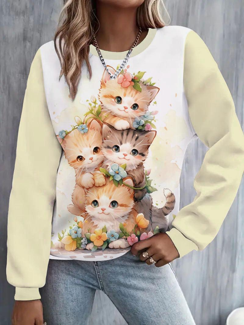 Floral Cute Cat Print Long Sleeve Casual Top