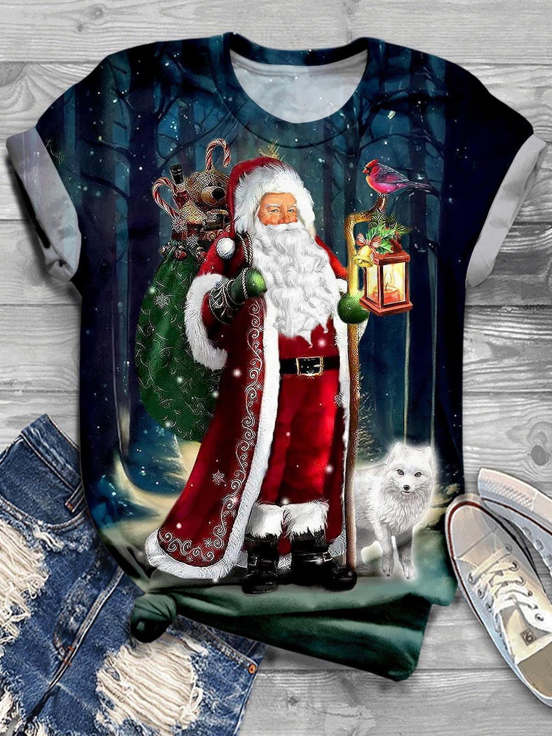 Snow Forest Santa Crew Neck T-shirt