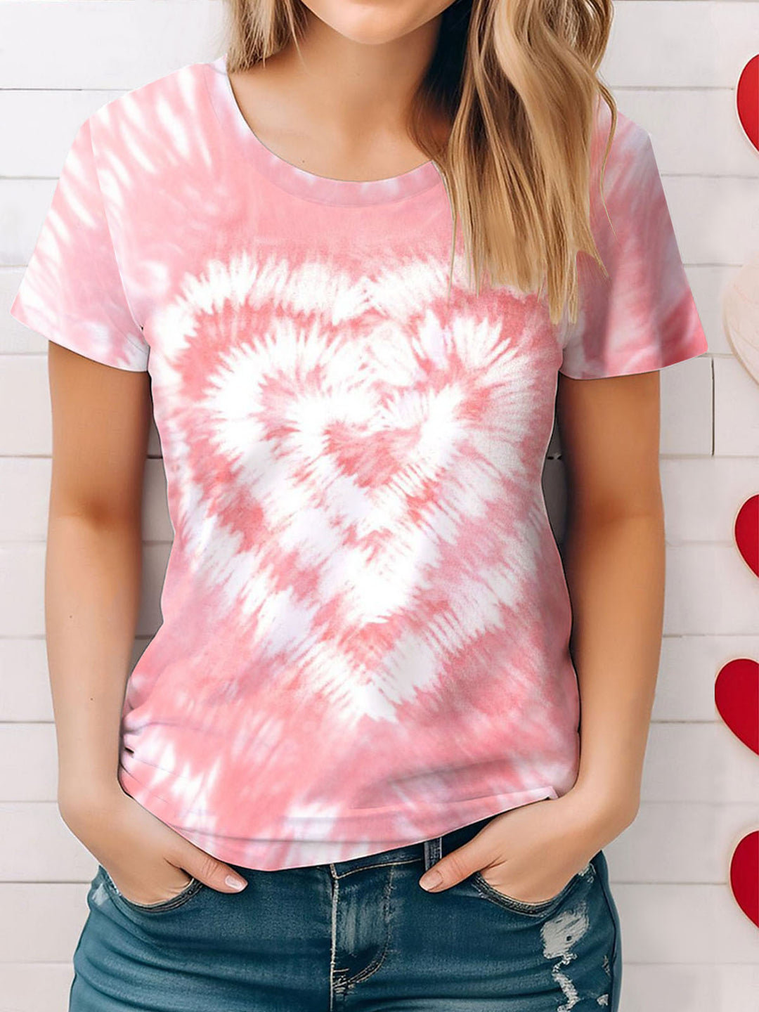 Valentine's Day Tie Dye Love Print Crew Neck T-shirt