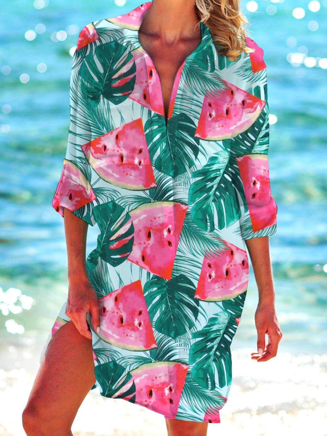 Summer Watermelon Print Long Sleeve Beach Shirt Dress