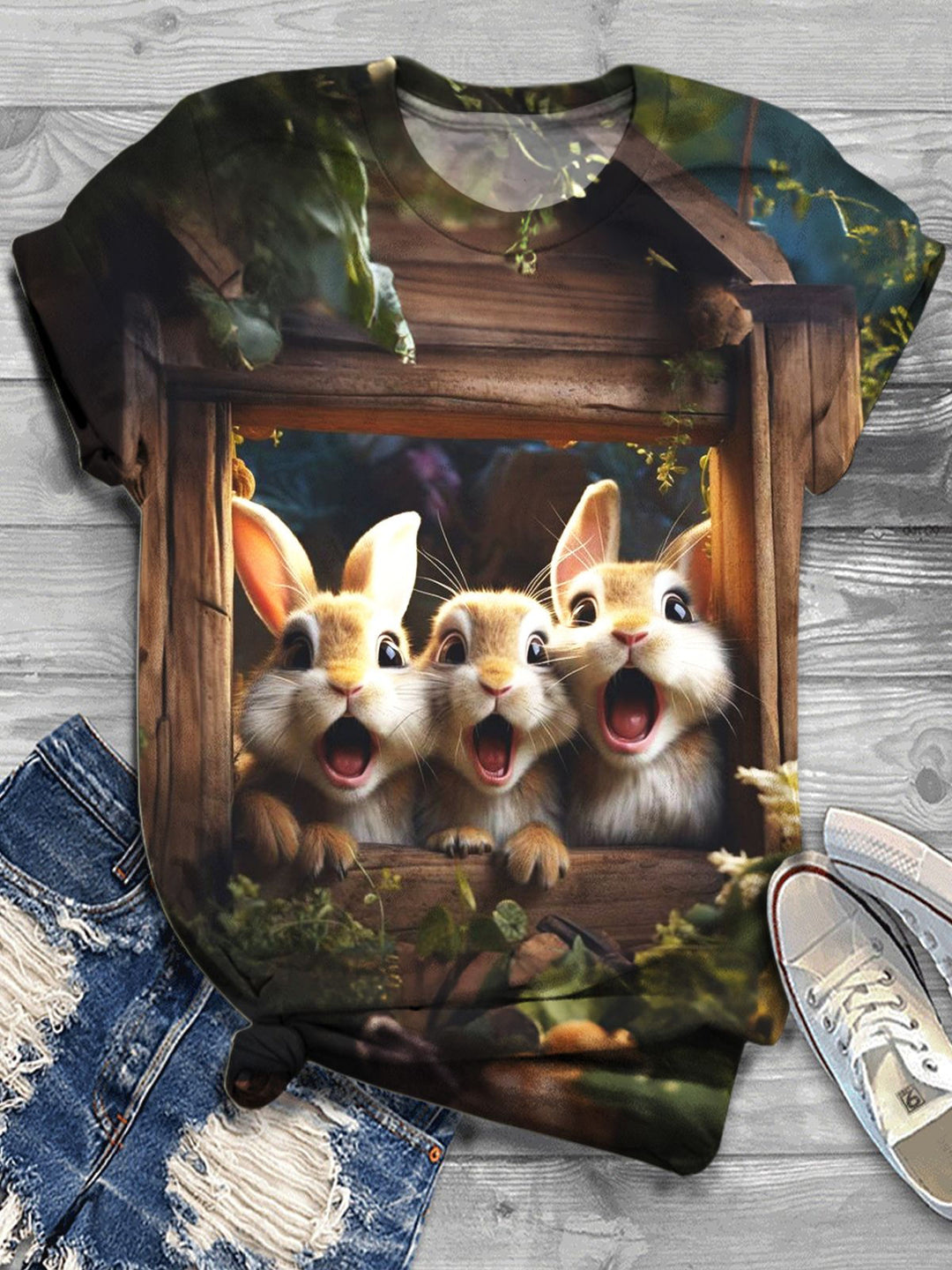 Funny Easter Bunny Print Crew Neck Top