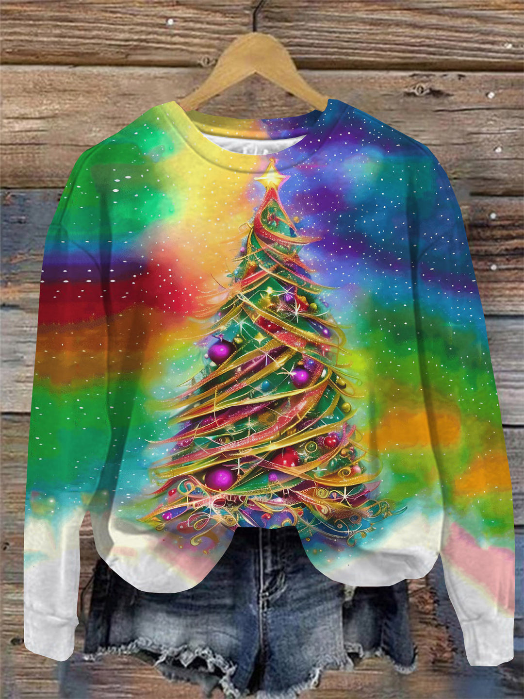 Colorful Christmas Tree Print Round Neck Long Sleeve Top