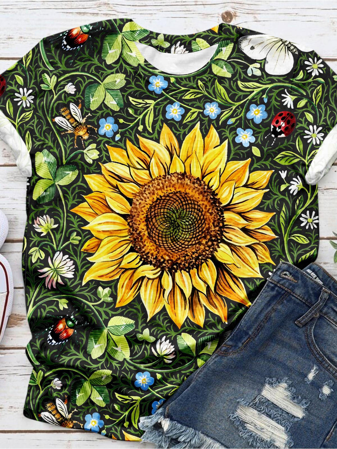 Sunflower Vine Butterfly Print T-shirt