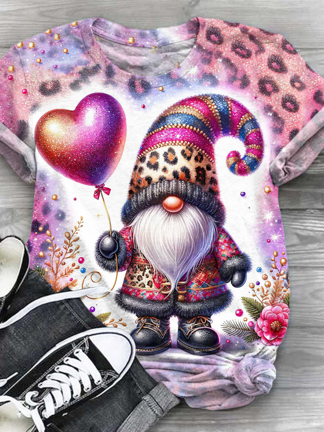 Gnome With Heart Air Balloon Print Crew Neck T-Shirt