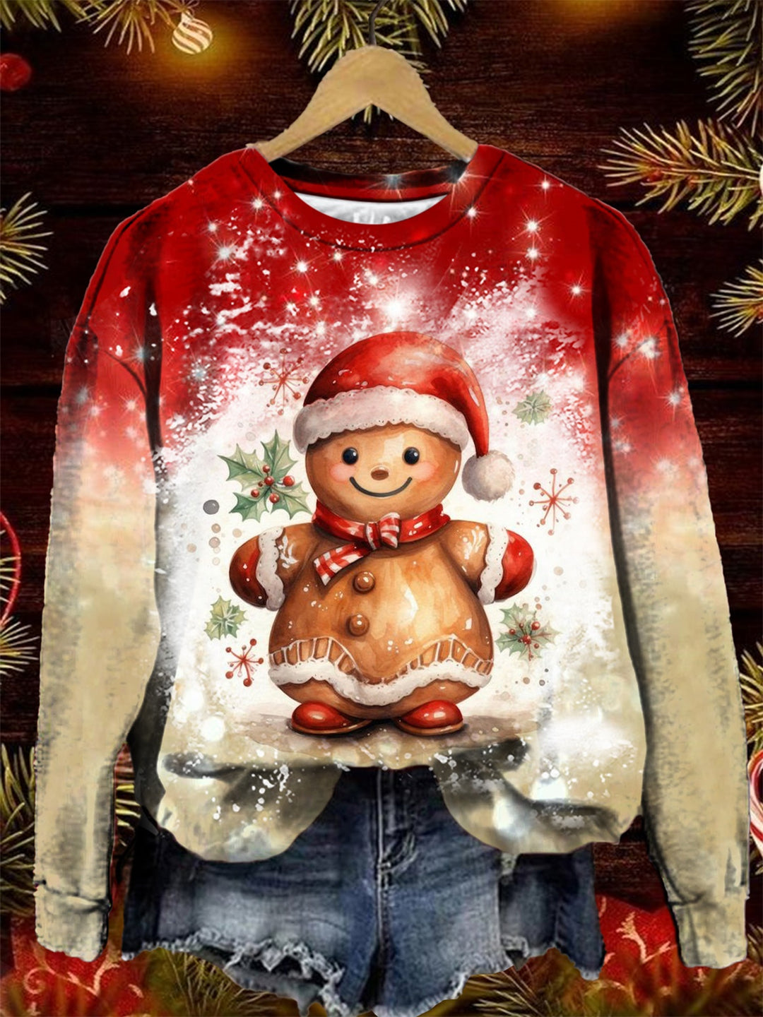 Women's Christmas Gingerbread Man Print Crew Neck Long Sleeve Top