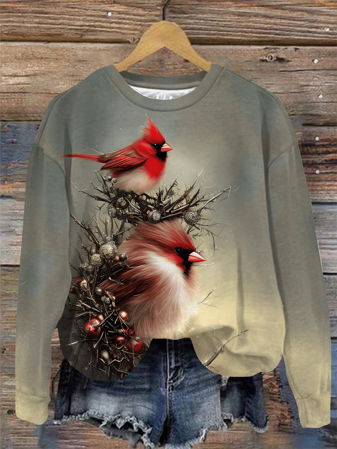 Bird Print Round Neck Long Sleeve Top