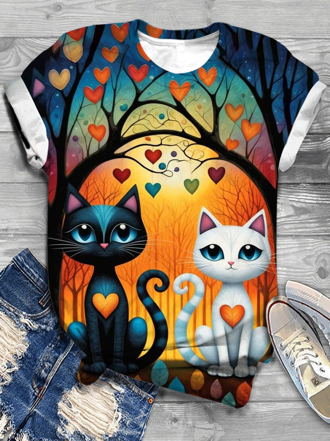 Lover Cat Print Short Sleeve Crew Neck T-Shirt