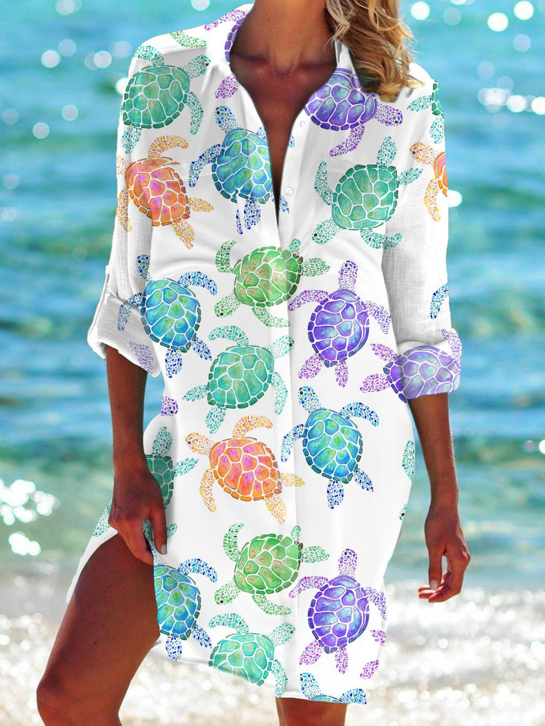 Rainbow Color Turtle Long Sleeve Beach Shirt Dress
