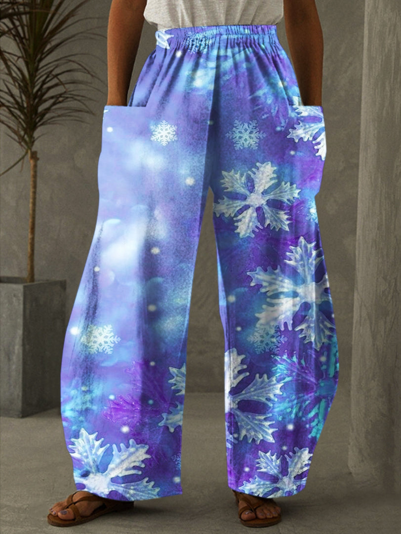 Purple Snowflake Print Casual Pants
